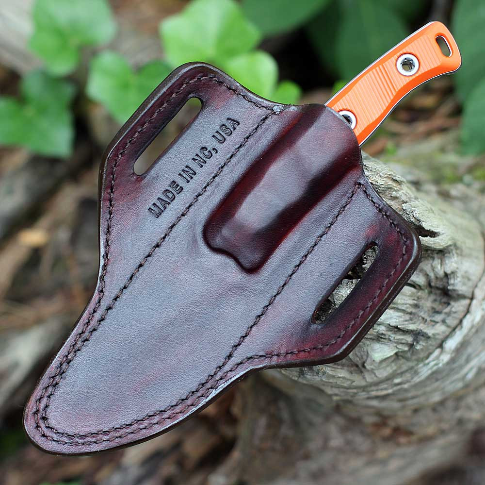Microtech Akris - 3.70" Bohler M390MK Straight Back Stonewash Plain Edge Blade, Ember G-10 Handle, Leather Sheath- 95-10EM-1