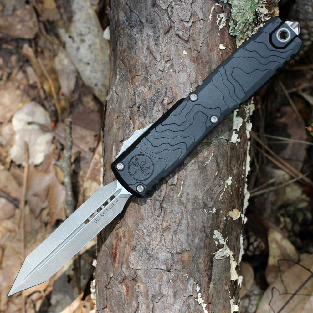 Microtech Ultratech Spartan Gen IV Topographic - 3.55" Bohler M390MK Apocalyptic Dagger Blade, Black Deep Engraved Aluminum Handle - 12234TP-10AP