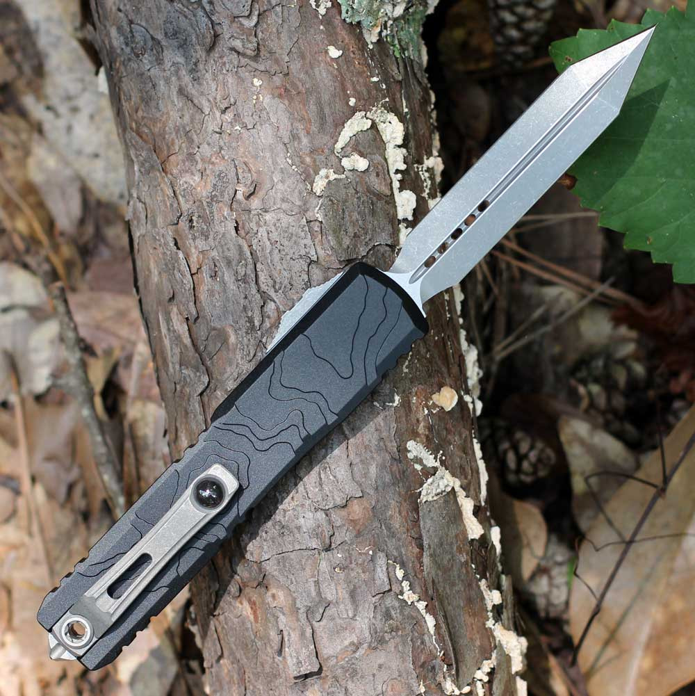 Microtech Ultratech Spartan Gen IV Topographic - 3.55" Bohler M390MK Apocalyptic Dagger Blade, Black Deep Engraved Aluminum Handle - 12234TP-10AP