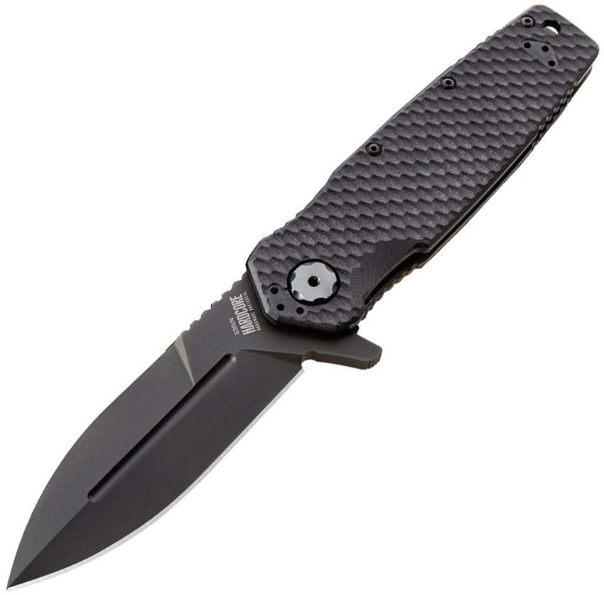 Hardcore Hardware Australia MILF-05 — 3.54" CPM-S35VN hollow grind spear point, black G-10 scales, 420 stainless frame lock, glass breaker pommel