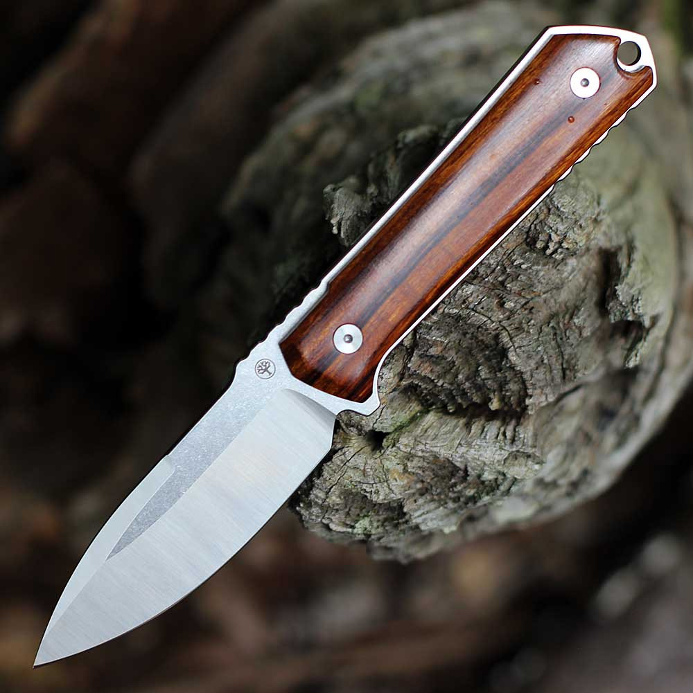 Boker Germany Kiboku 120574 — RWL-34 two-tone drop point blade, Desert Ironwood handle, full-tang fixed blade, Lucas Burnley, Solingen