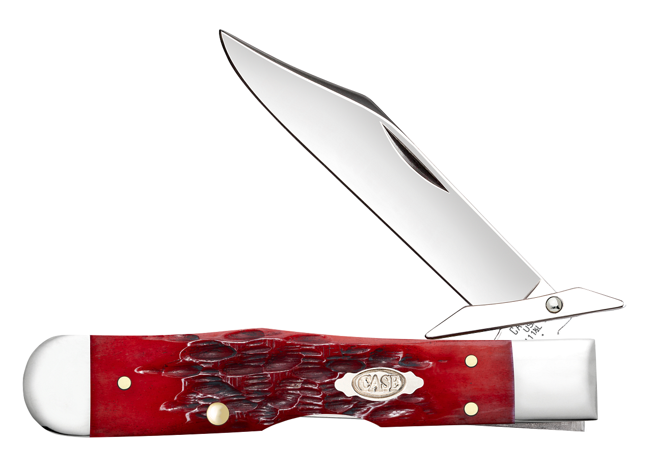 Case Cheetah Cub 31943 — 2.58" 1095 carbon steel mirror polish clip point, dark red peach seed jig bone handle, nickel silver shield