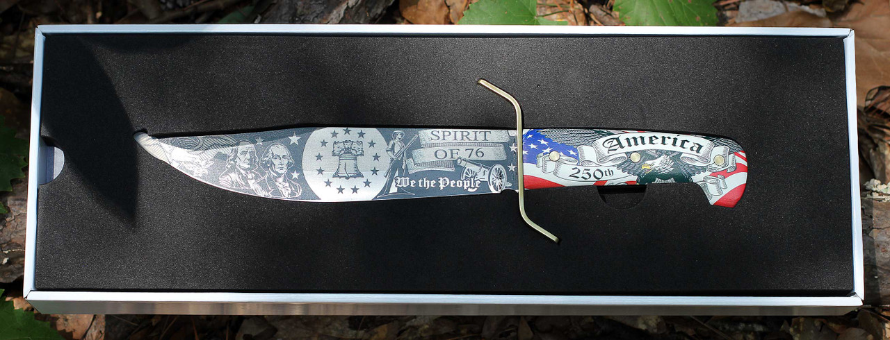 Rough Rider 250th Anniversary Bowie RR2757 in display stand box — 9.50 in mirror polish laser-etched blade