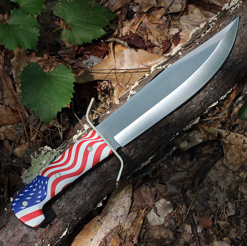 Rough Rider 250th Anniversary Bowie RR2757 — mirror polish stainless blade, American flag polished wood handle, brass guard, 9.50 in