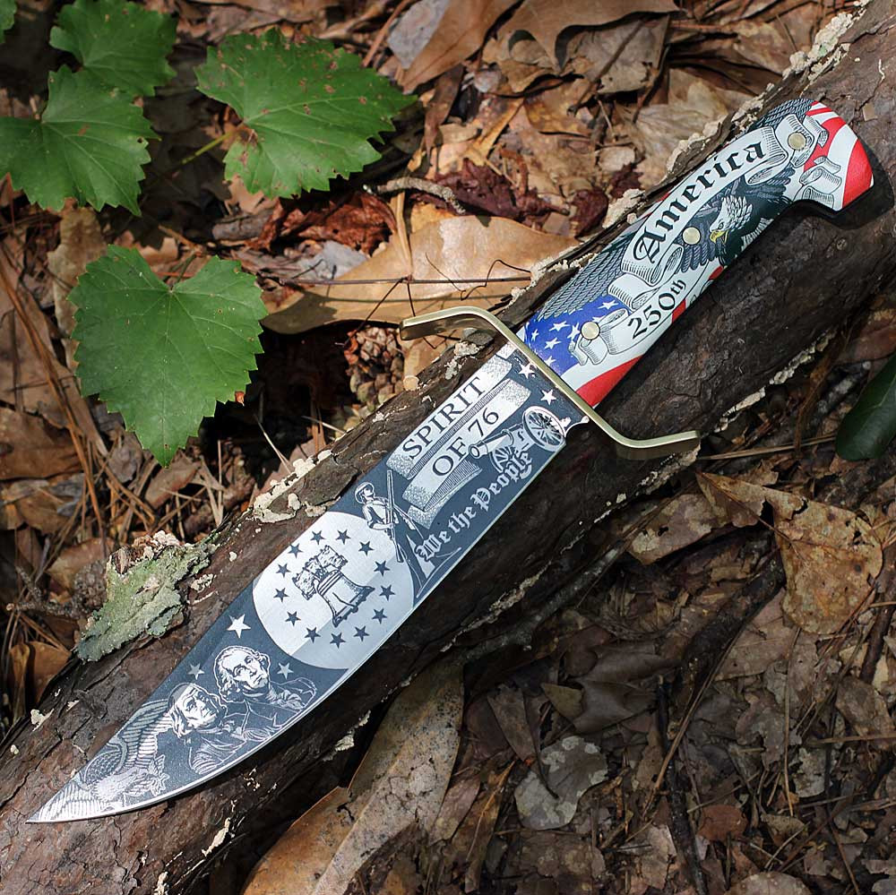 Rough Rider 250th Anniversary Bowie RR2757 — laser-etched stainless blade, America Spirit of 76 We the People patriotic engravings