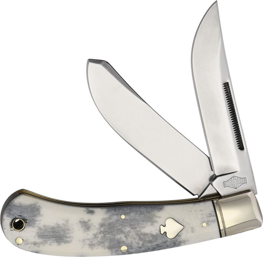 Rough Rider RR2483 — 3.25" satin stainless upswept trailing point, black Appaloosa smooth bone bullet lockback handle, nickel silver shield