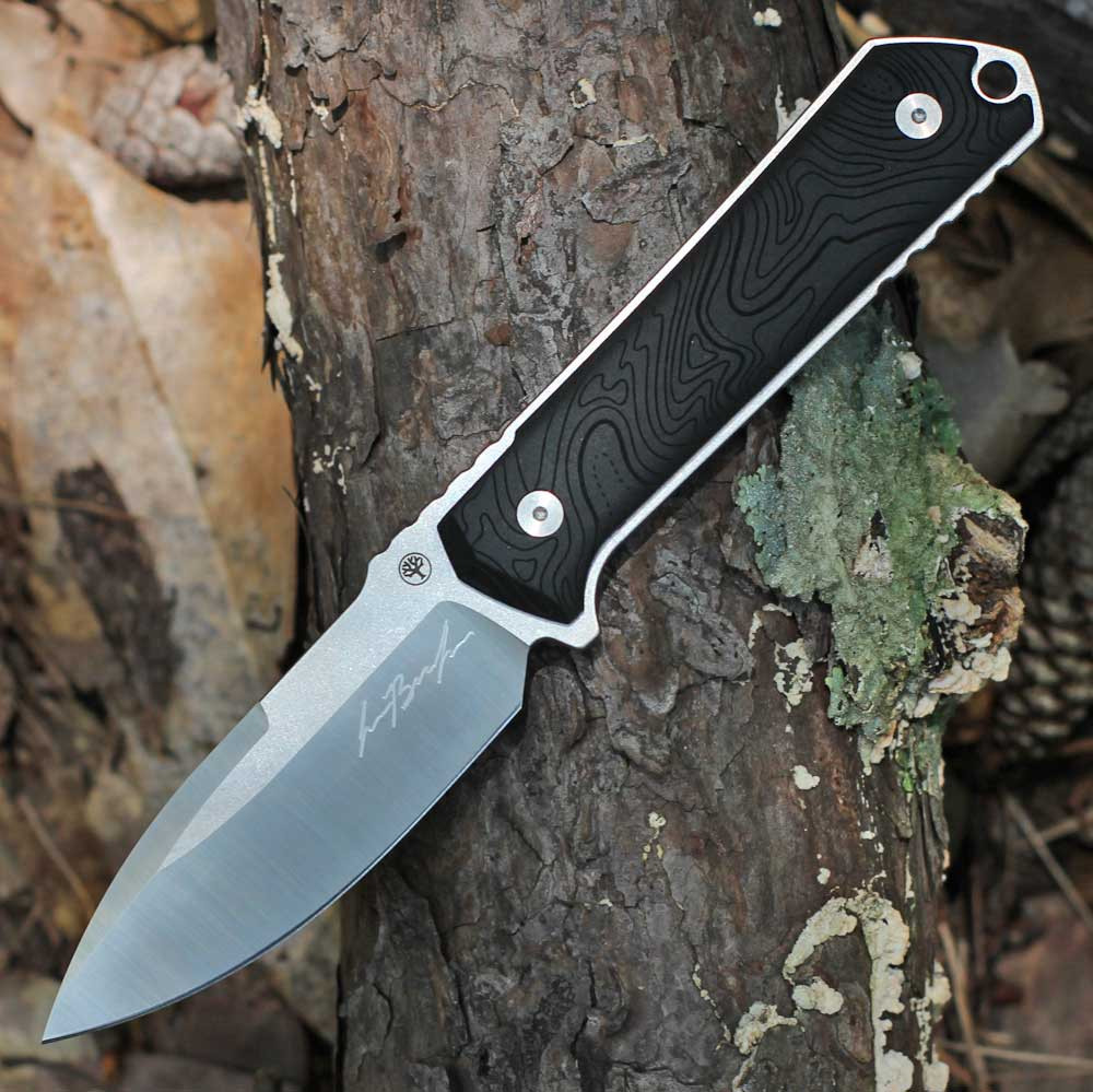 Boker Germany Kiboku Signature Edition 120576 open — RWL-34 sabre grind drop point, black Richlite Topo handle, Lucas Burnley signature