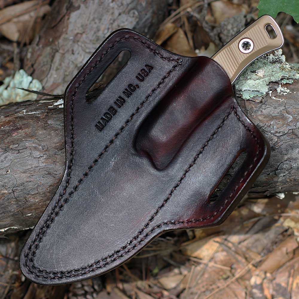 Microtech Akris 95-10DE-1 — handcrafted dark chocolate leather sheath, North Carolina made, belt loop carry, dark earth brown colorway
