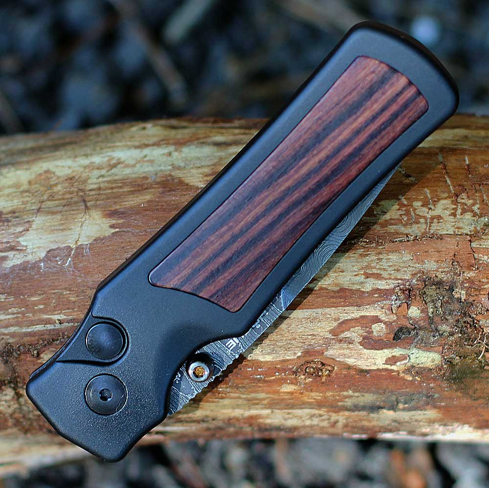 Hogue Saxum 24690-LIM matte black 6061-T6 aluminum handle — Kingwood inserts, Button Lock, bronze thumb studs, Collector Series