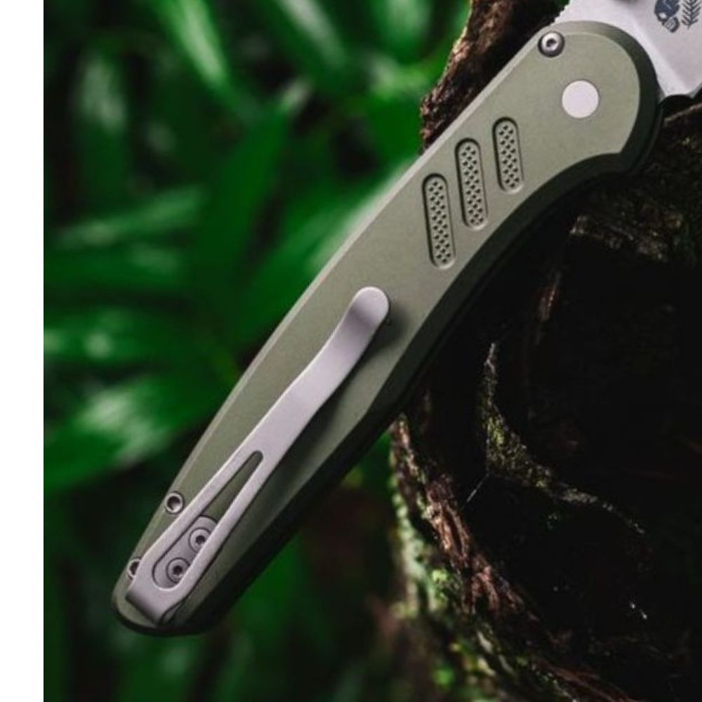 Pro-Tech Avalon Peace Neighbor PN1101-GREEN — open, full profile view, knurled aluminum handle and stonewash blade, outdoor background