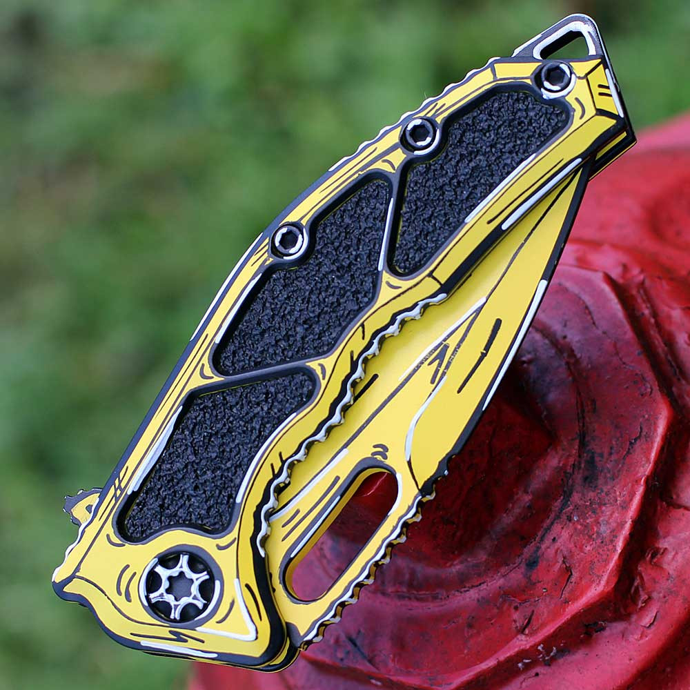 Heretic Medusa H009-CS-YW Frame Lock close-up — titanium frame engagement, yellow Cel Shade handle, black grip inlays, CPM MagnaCut tang