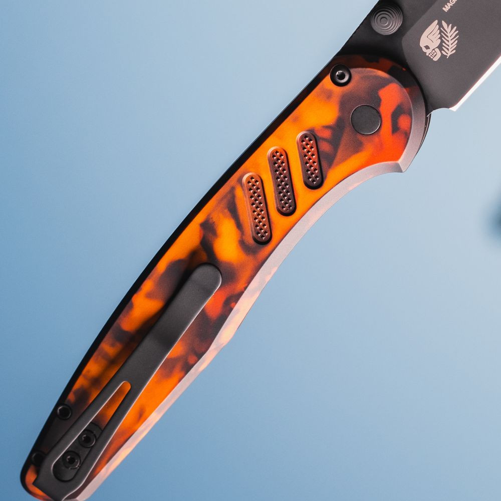 Pro-Tech Avalon Peace Neighbor "Del Fuego" PN1104-DF — closed, pivot and deep carry clip detail, custom anodized handle