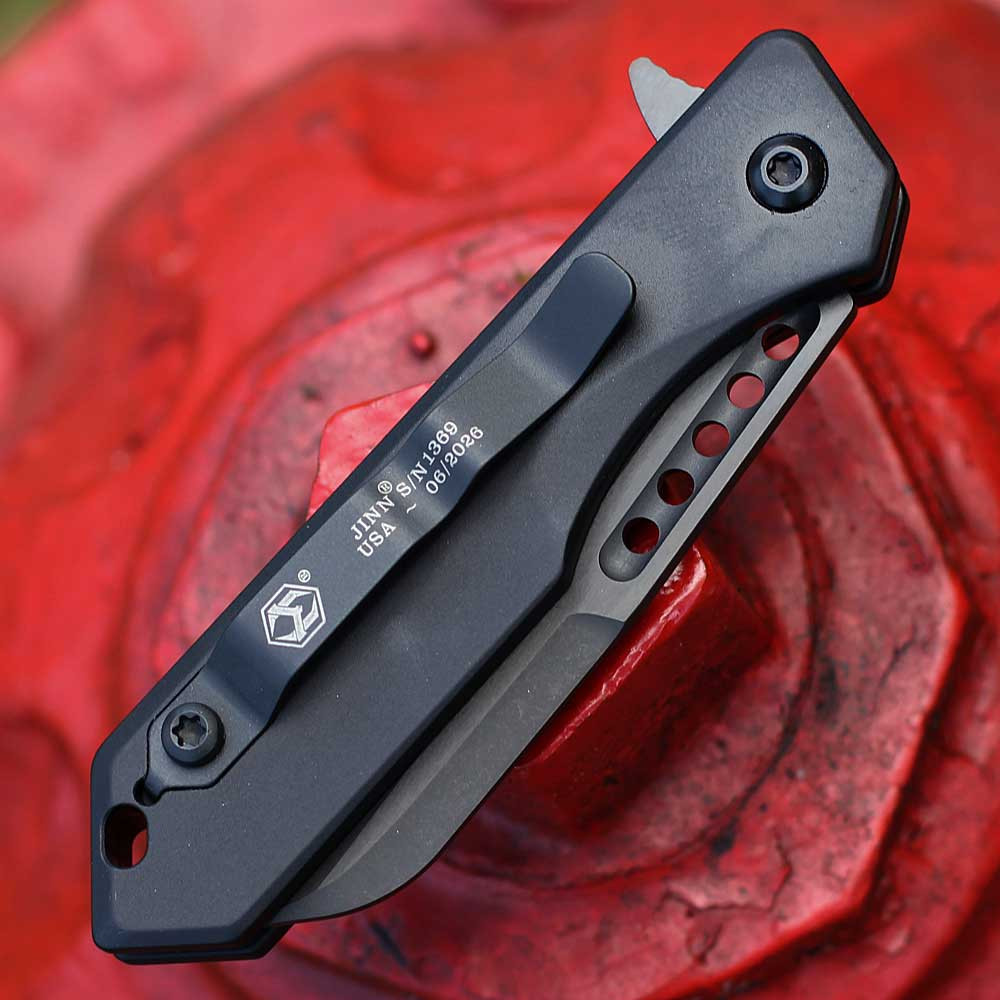 eretic Jinn Manual H213-6A-T ambidextrous tip-up clip — black aluminum, DLC Black, 3.75 in closed, left right carry