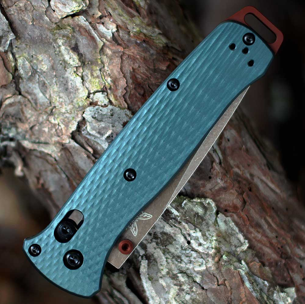 Benchmade Bailout 537FE-2601 textured Taiga Green aluminum handle — Burnt Copper hardware, bronze washer pivot, AXIS Lock, lanyard loop