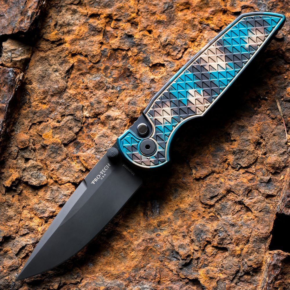 Pro-Tech TR-3 Integrity Shipwreck INT1106-SHIPWRECK — closed, relic patina copper and teal anodized handle, DLC black deep carry clip