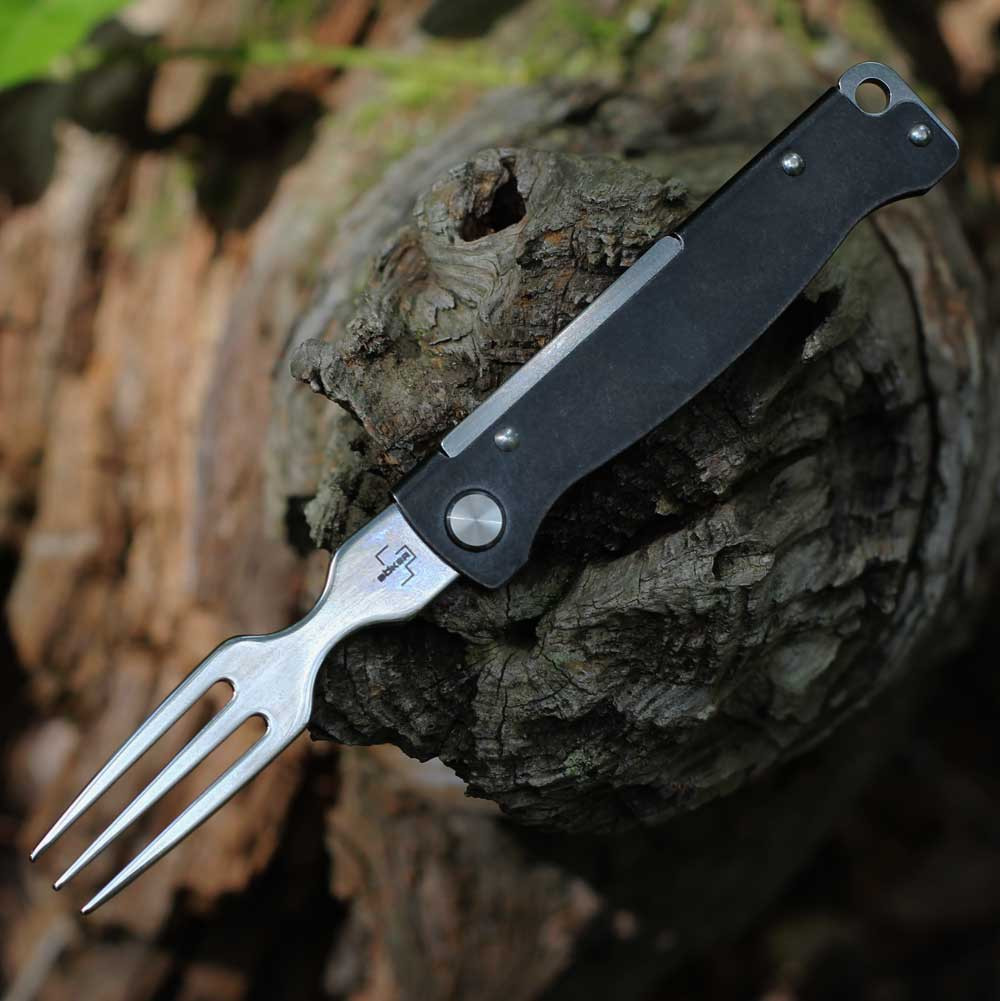 Boker Plus Atlas Fork 09BP0019 open — stainless steel tines, blackwash stainless handle, slip joint, pocket clip, Atlas series