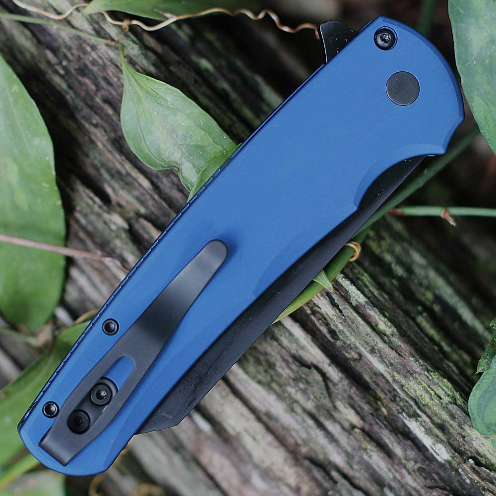 Pro-Tech Malibu PT5403-BLUE — back view closed, smooth blue aluminum handle, black hardware detail and flipper tab visible