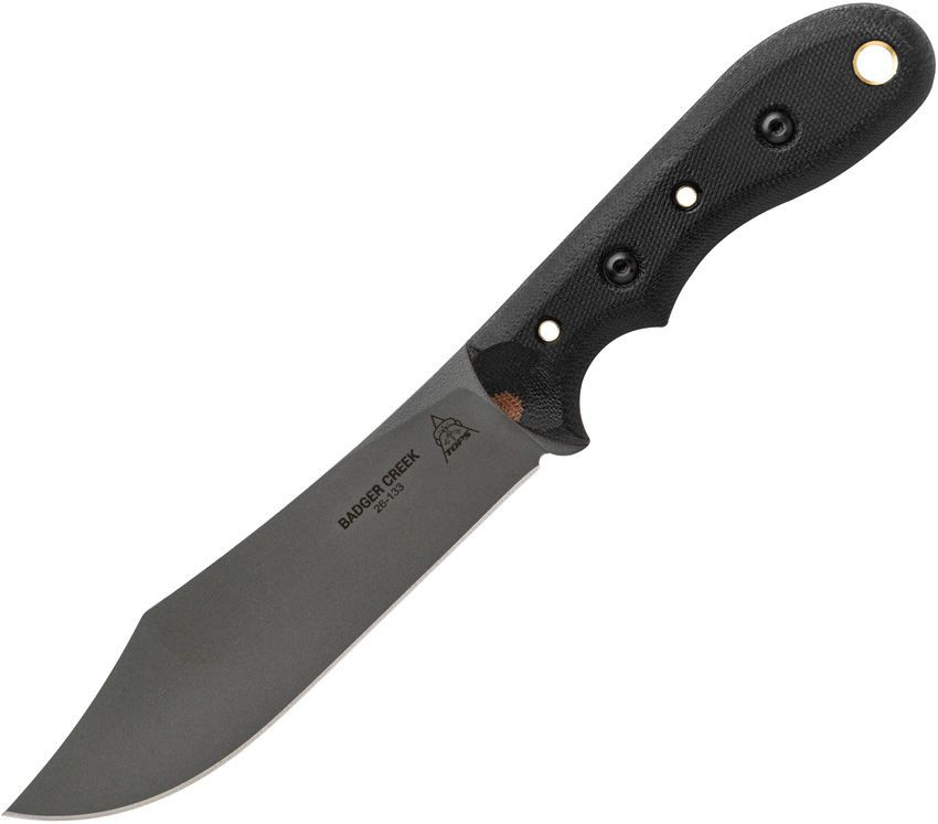 TOPS Badger Creek Bowie TPBRCK01 — front view, 6.00" Böhler N690Co stonewash clip point blade, contoured black canvas Micarta handle