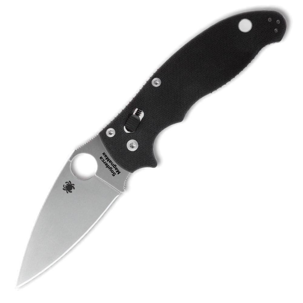 Spyderco Manix 2 (C101GP2) shown fully open against a white background. The 3.37-inch MagnaMax full flat grind plain edge blade is fully deployed with the Trademark Round Hole visible at the pivot. The index-finger choil and thumb ramp are visible at the blade base. The peel-ply textured black G-10 handle with stainless steel liners and Ball Bearing Lock is visible on the handle spine.