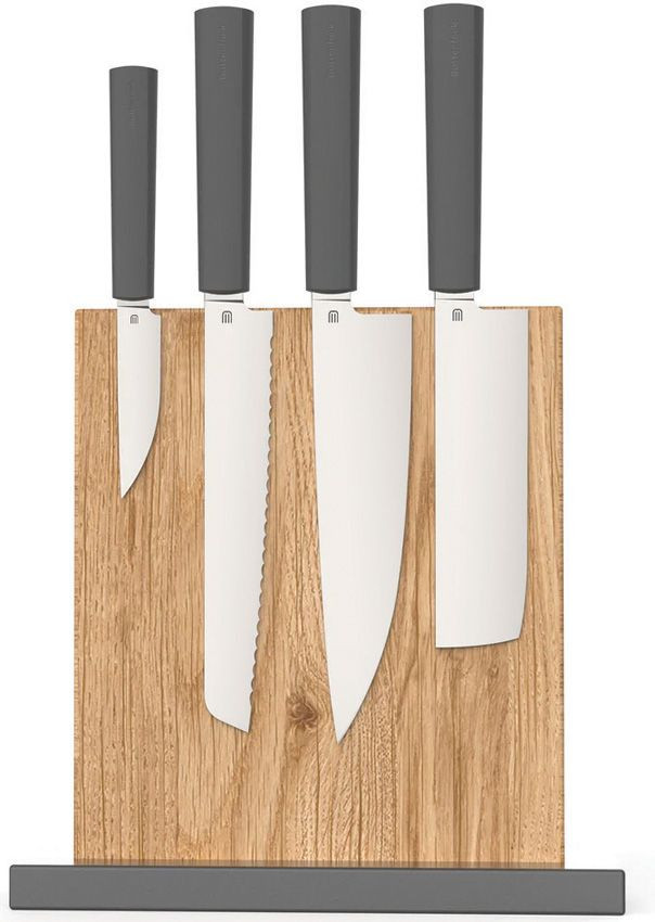Butterfork Modern Kitchen Set BF01WSDG — four AR-RPM9 polished stainless knives mounted on magnetic natural oak vertical stand, dark gray ABS handles