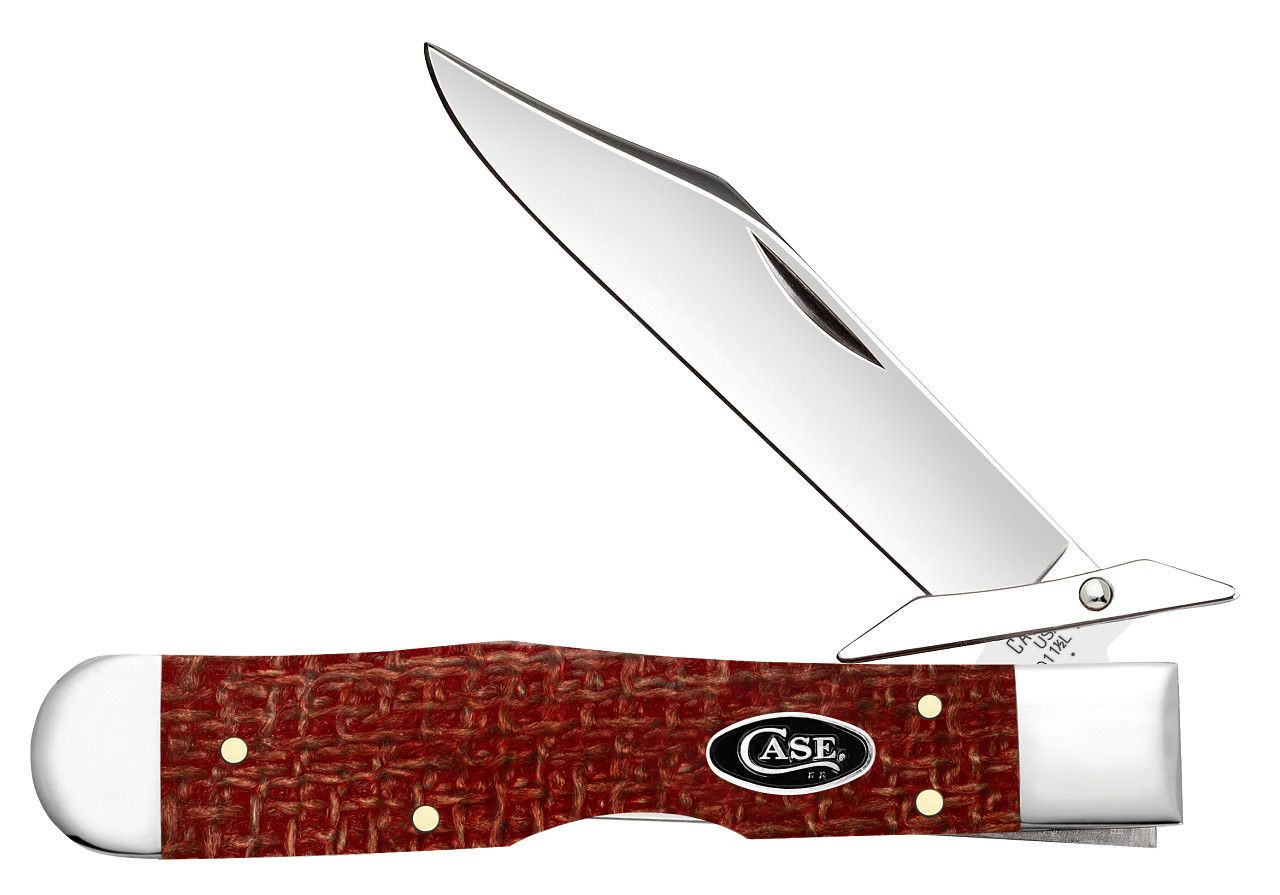Case Cheetah Cub Vault (12277) shown in the closed position against a white background. The handle is smooth dark red burlap Micarta with visible fiber texture and a black oval script Case shield inlay at the center. High-polished nickel silver bolsters are visible at both ends. The nail nick on the mirror polished 1095 carbon steel clip point blade is visible at the pivot. The swing guard is visible at the bolster. The lockback spine is visible on the handle.