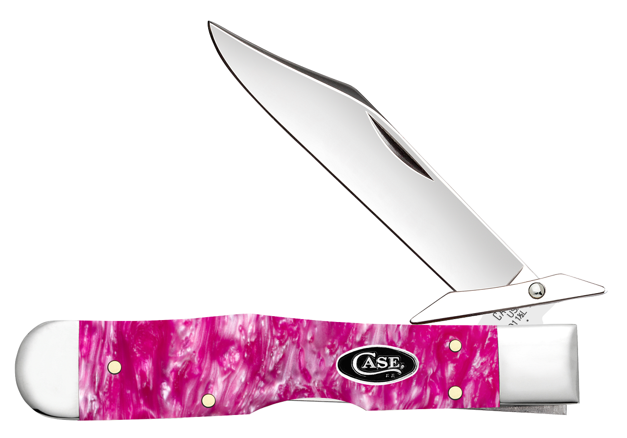 Case Cheetah Cub (16166) shown in the closed position against a white background. The handle is smooth Pink Crackle Kirinite with color depth and surface variation visible across the acrylic composite. Nickel silver bolsters are visible at both ends and the Case shield inlay sits at the center of the handle scale. The nail nick on the mirror polished Tru-Sharp stainless clip point blade is visible at the pivot. The swing guard is visible at the bolster. The lockback spine is visible on the handle.