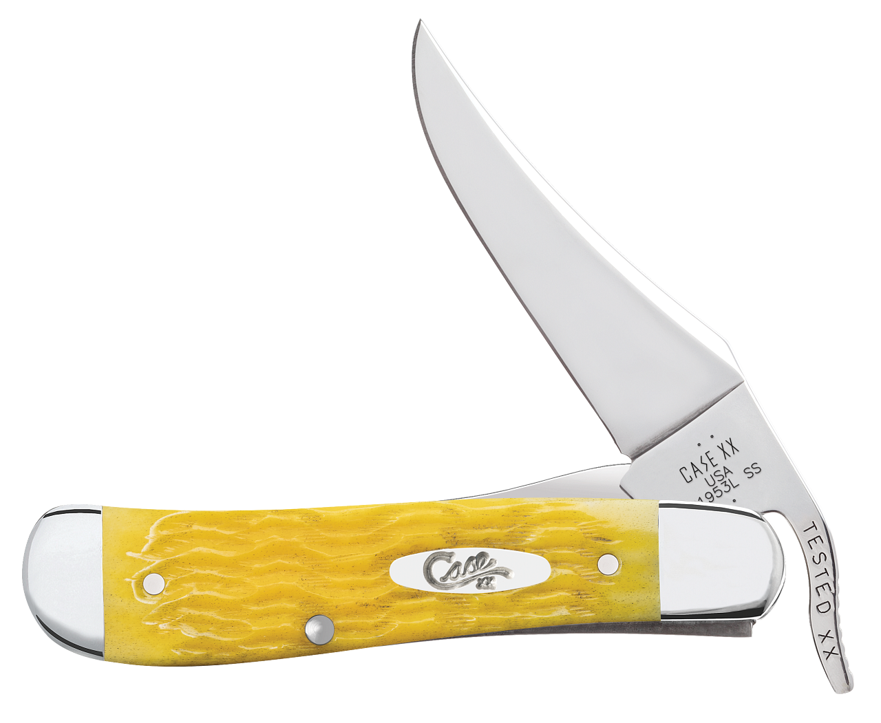 Case RussLock 75315 yellow Platts jig bone handle closed, clip point linerlock folding knife