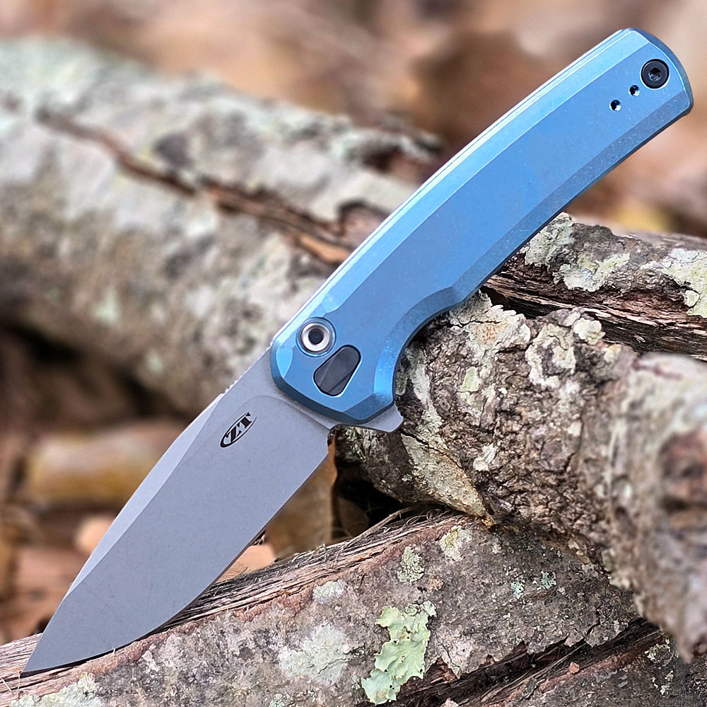 Zero Tolerance 0044 Button Lock Flipper - 3.20" CPM-S90V Stonewash Blade, Blue Titanium Handle - 0044BLU