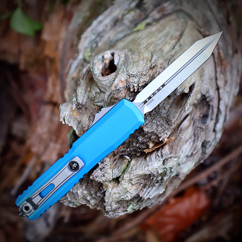 Microtech UTX-70 Gen IV OTF - 2.50" M390 Double-Edge Spartan Blade, Blue Aluminum Handle - 12494-10BL