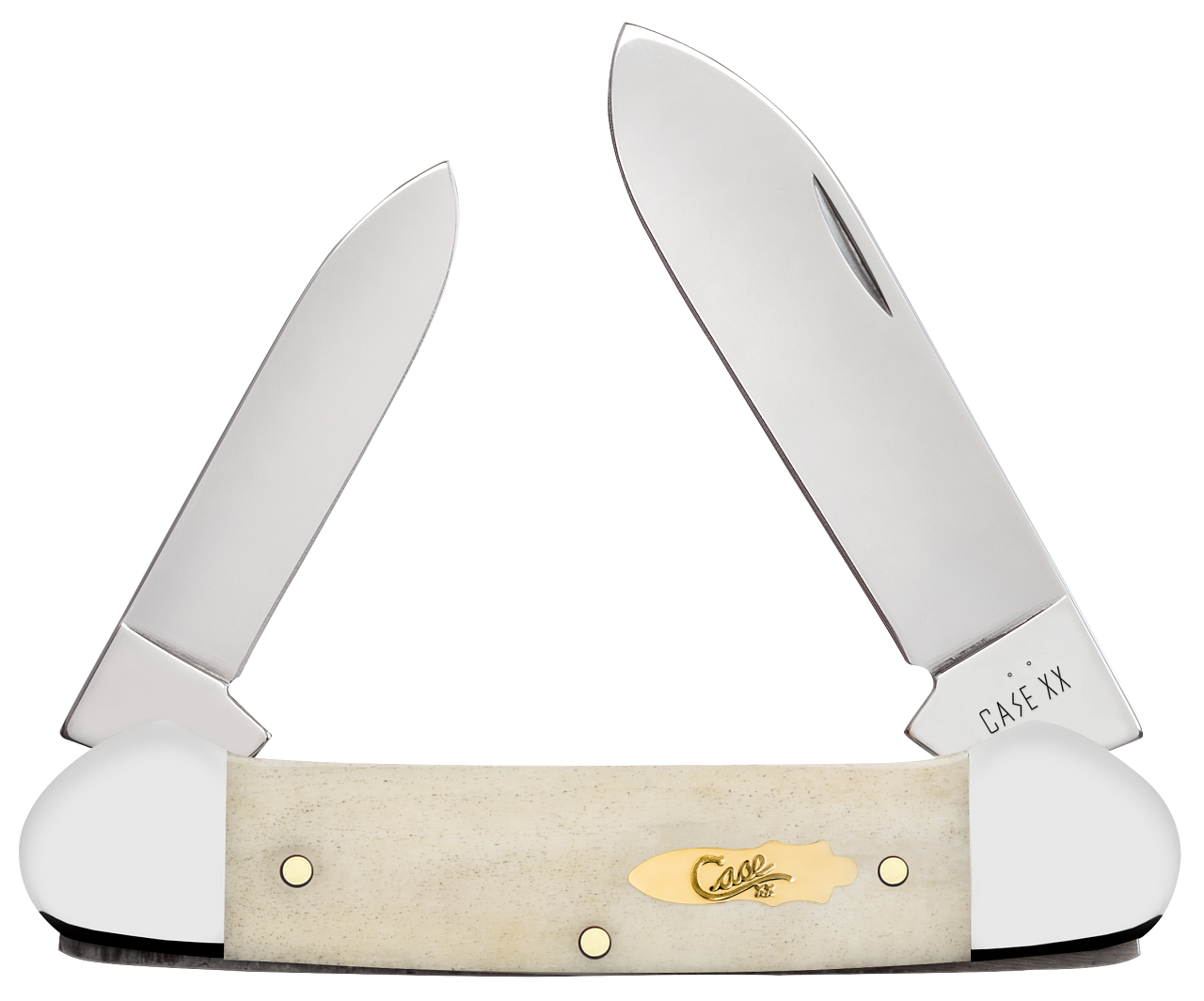 Case Canoe pocket knife (11023) shown against a plain background, featuring a symmetrical canoe-shaped Smooth Natural Bone handle over brass liners and pins, highly polished nickel silver bolsters, a brass Case bomb script inlay shield, and two mirror-polished blades — a spear point and a pen blade — in Tru-Sharp Surgical Stainless Steel.