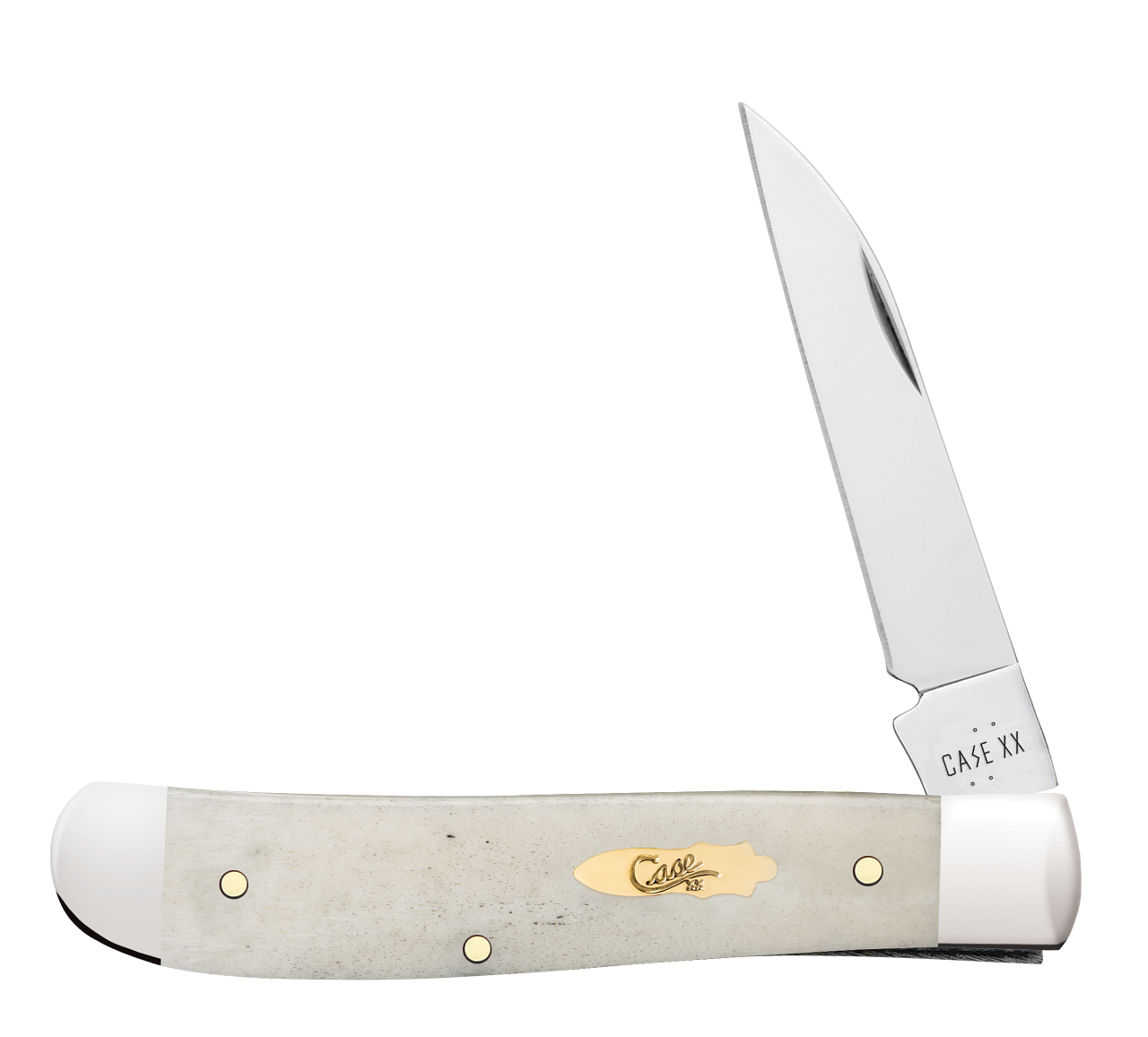 Case Mini Trapper Wharncliffe pocket knife (11025) shown against a plain background, featuring a Smooth Natural Bone handle over brass liners and pins, highly polished nickel silver bolsters, a brass bombshell script inlay shield, and a 2.75-inch mirror-polished Wharncliffe blade in Tru-Sharp Surgical Stainless Steel
