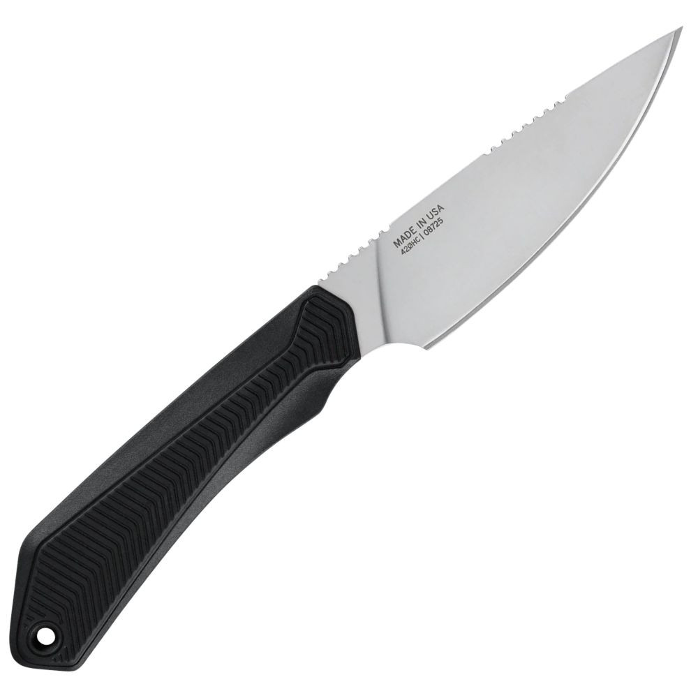 Gerber Forefront Fixed 2009298 Full Tang 420HC Stonewash Drop Point Blade Black GFN Handle Fixed Blade Knife Angled Detail View