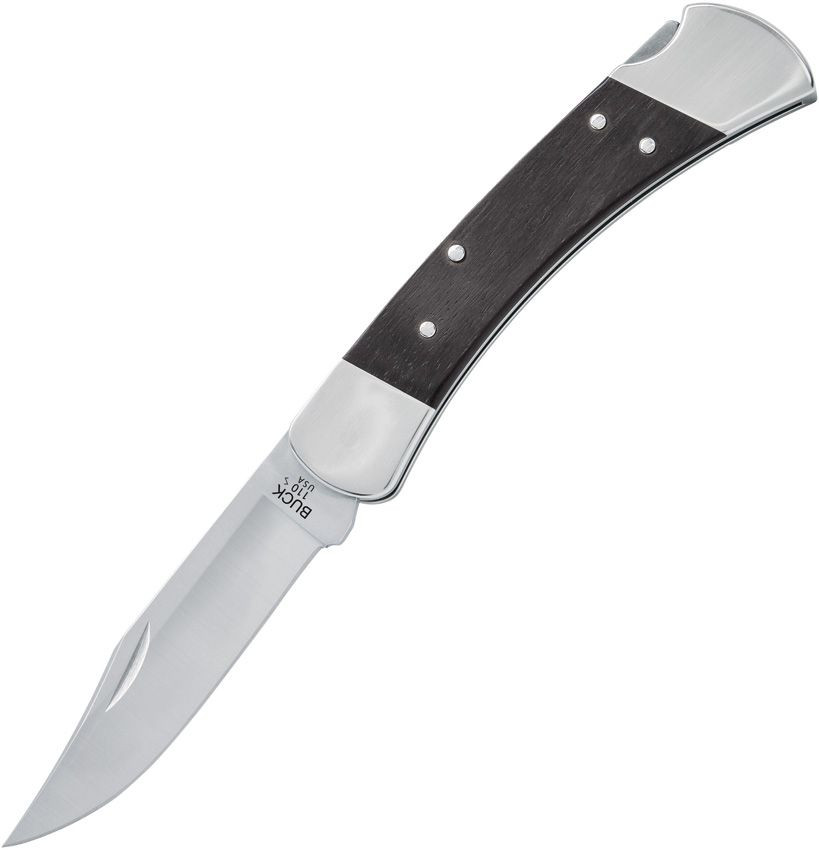 Buck 110 Folding Hunter Slim Heritage Elite BU110BRS20 3.75 Inch CPM MagnaCut Satin Clip Point Blade Genuine Ebony Wood Handle Nickel Silver Bolsters Open Full Side Profile View