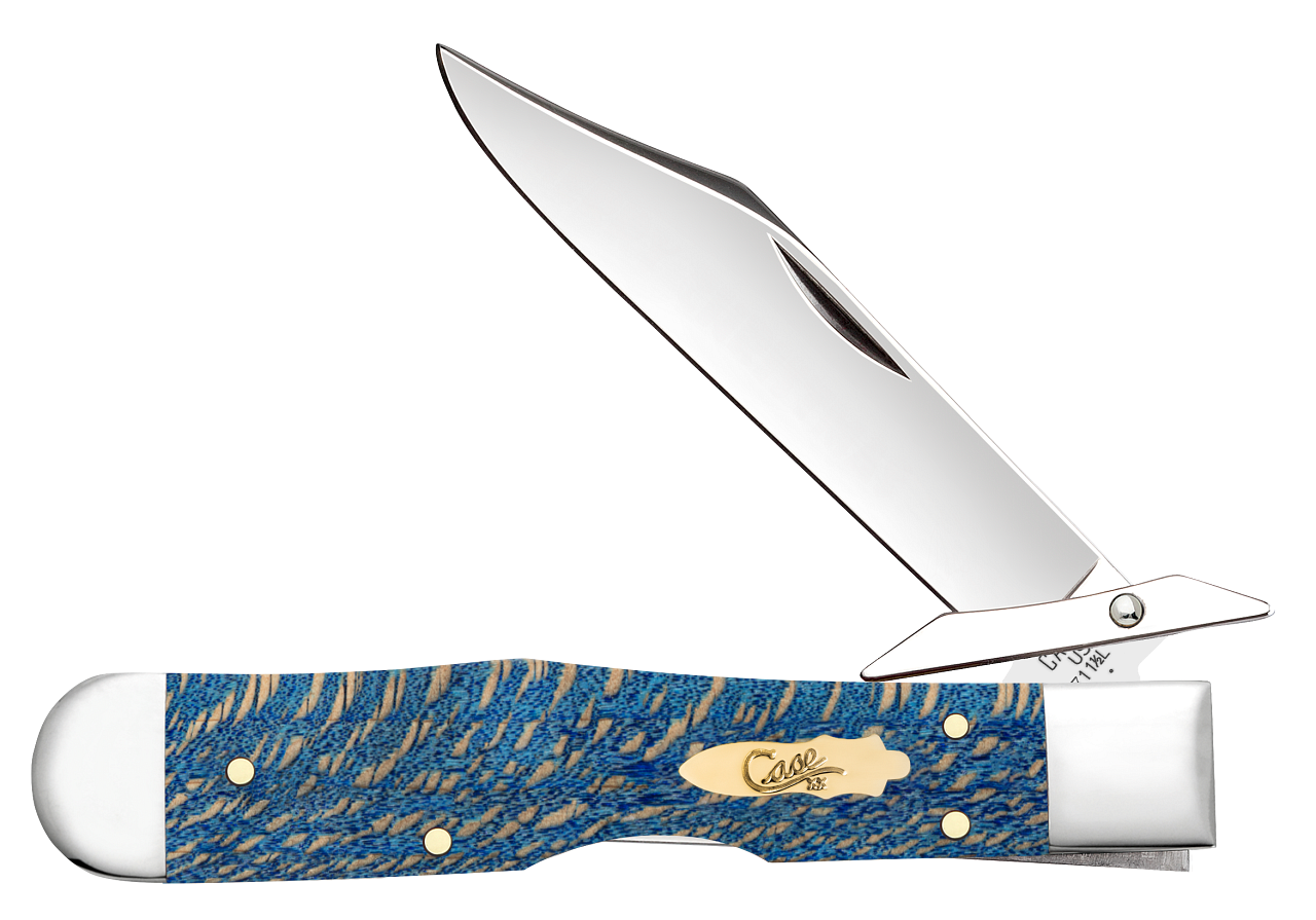 Case XX Cheetah Cub lockback knife with smooth blue sycamore wood handle, partially open showing clip point blade with swing guard