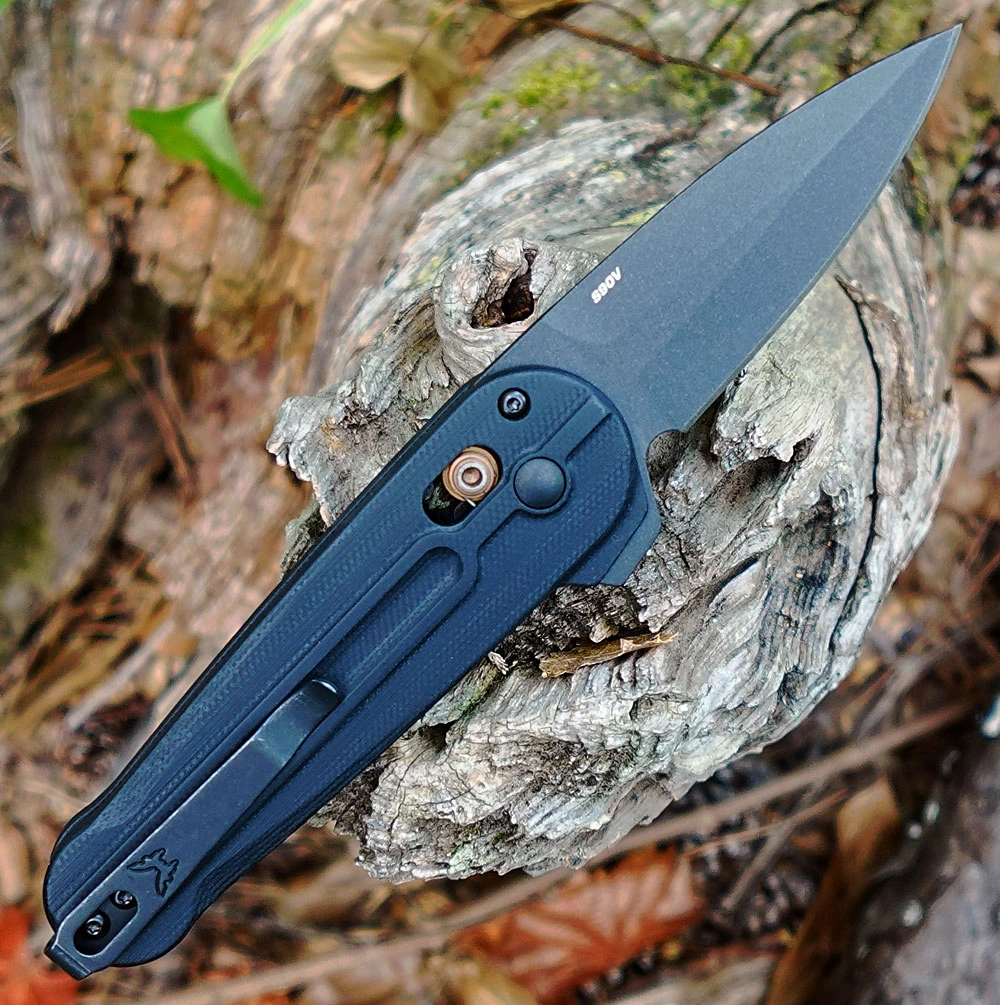 Benchmade Lowden 491BK-02 with 2.79" CPM-S90V Cerakote black spear point plain blade and black milled G-10 handle with Burnt Copper hardware, open view