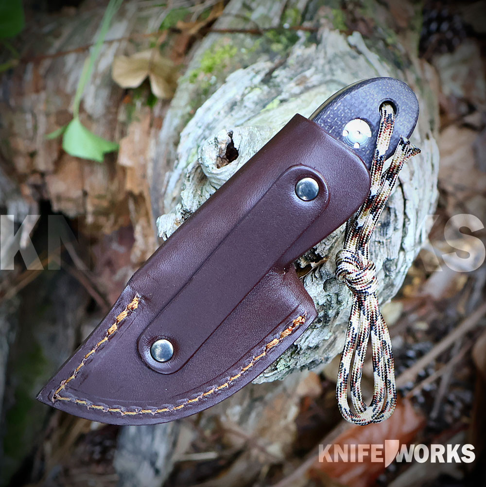 Muela Mouse-7M 02MU208 in brown leather sheath — snug fit, 4.80 oz, compact 14C28N hunting bushcraft knife, Muela Spain