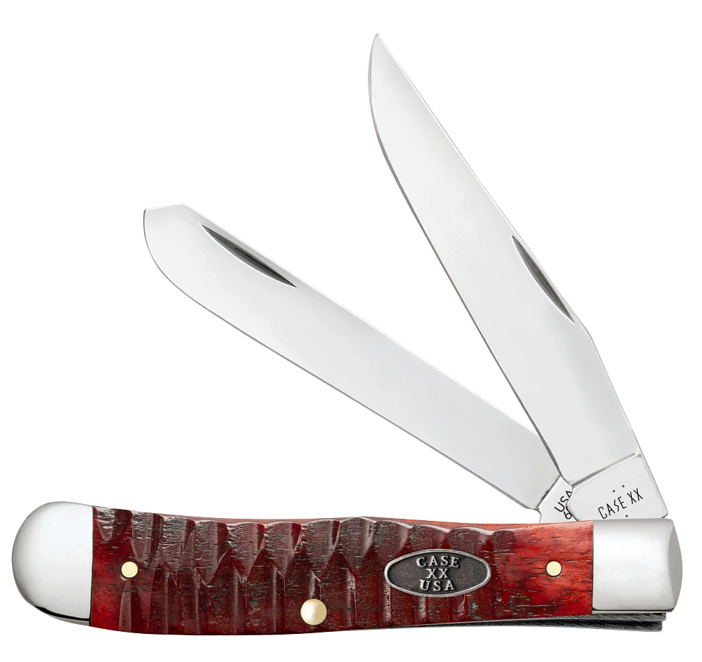 Case Trapper (CA51540) shown at an angle against a plain background. Features two folded blades in polished Tru-Sharp Surgical Stainless Steel, Old Red Bone handle scales with a Gator jig texture, and an oval pewter Case XX USA shield inlaid on one side.