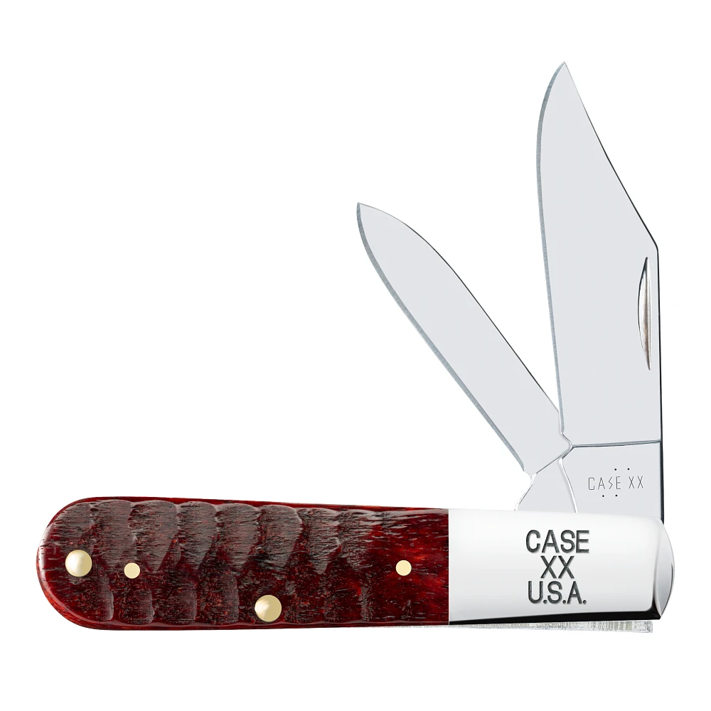 Case Barlow (CA51544) shown at an angle against a plain background. Features two folded blades in mirror-polished Tru-Sharp Surgical Stainless Steel, Old Red Bone handle scales with a Gator jig texture, and a laser-engraved "Case XX USA" mark on the embellished pocket-end bolster.