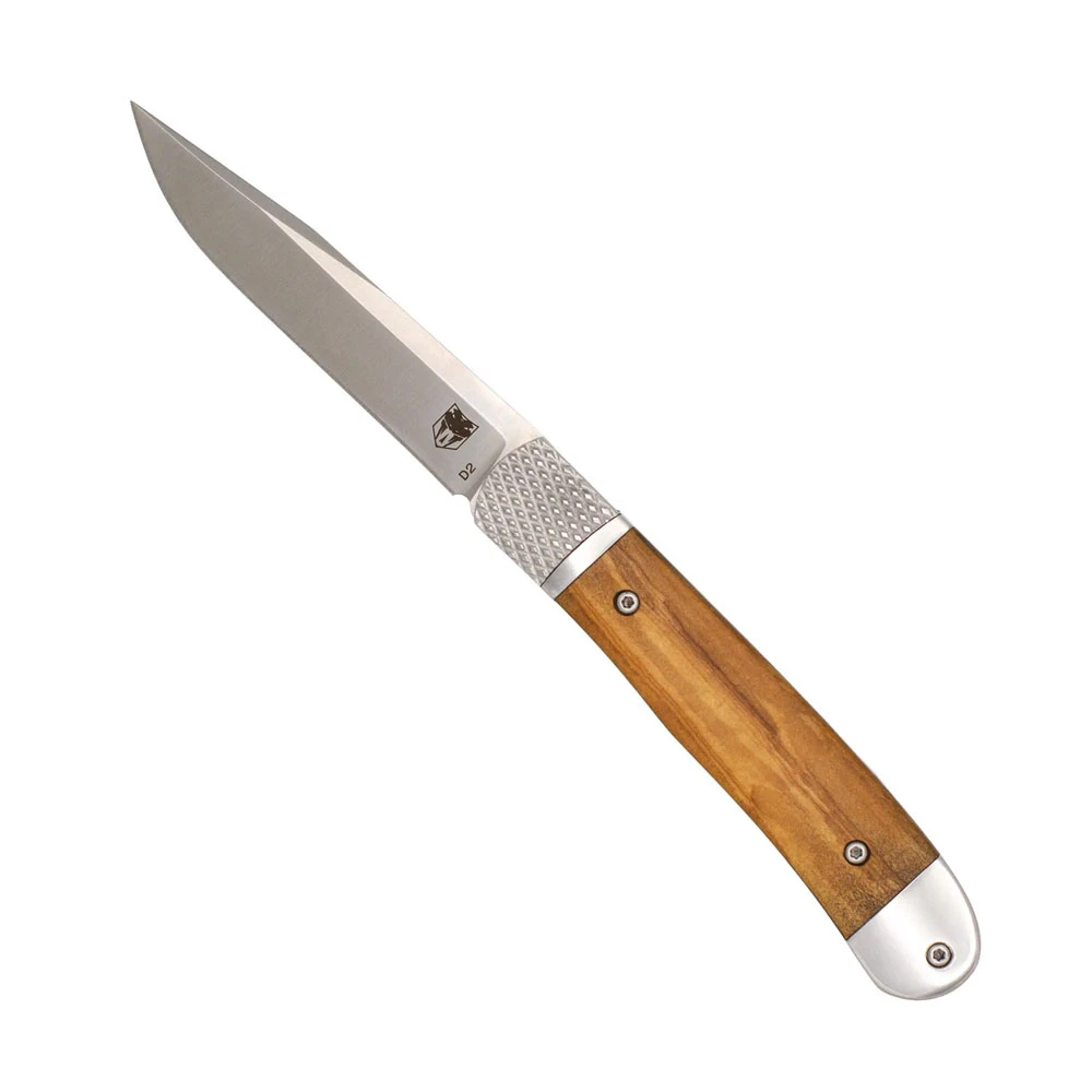 A CobraTec Trapper Hidden Release automatic knife shown in hand with the blade deployed, highlighting the drop point D2 blade, polished steel bolsters, and natural olivewood scales with visible grain variation characteristic of genuine wood handles.