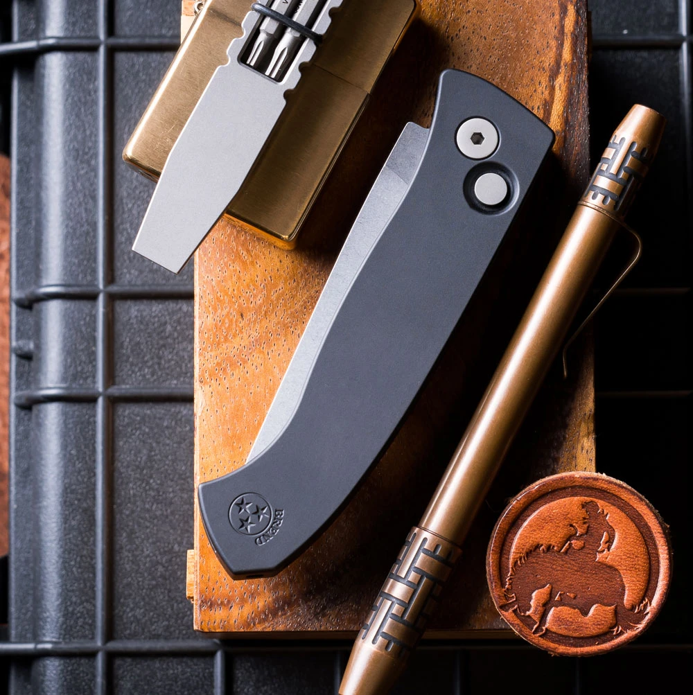 Pro-Tech Brend Classic Black Textured Handle Milled Logo Detail View