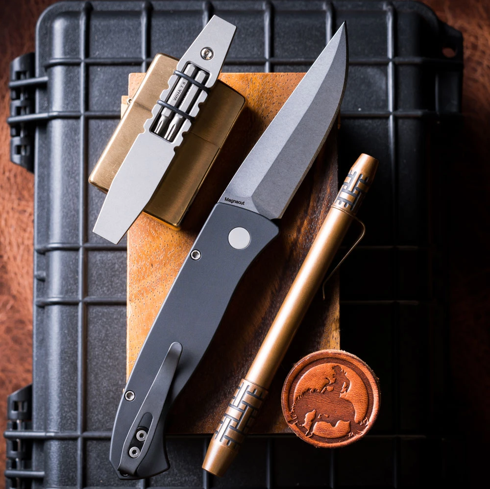 Pro-Tech Brend Classic MagnaCut Stonewash Drop Point Blade Open Detail View