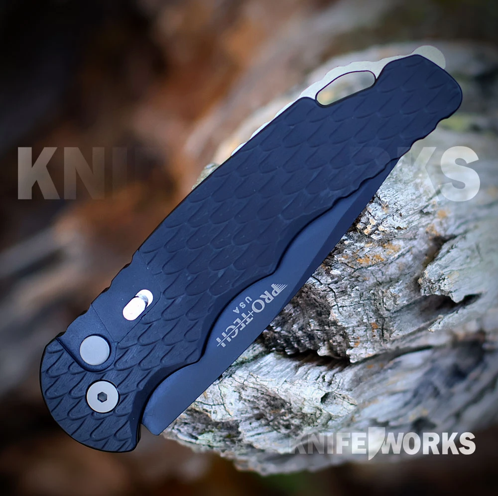 Pro-Tech TR-4 T4106FMM automatic knife with black DLC MagnaMax drop point blade and black feather-textured aluminum handle
