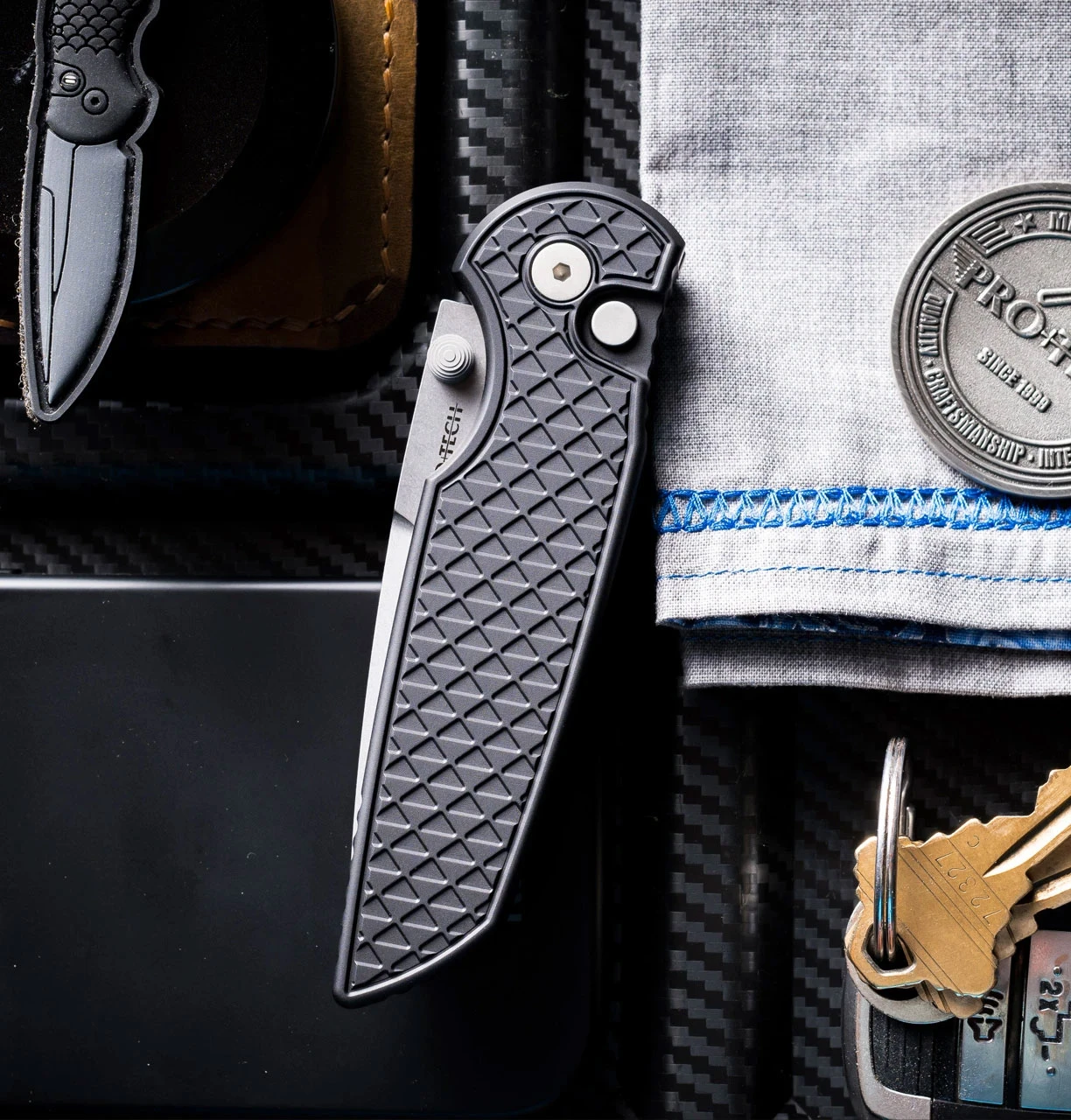 Pro-Tech Integrity Black Relic Textured Aluminum Handle Detail View