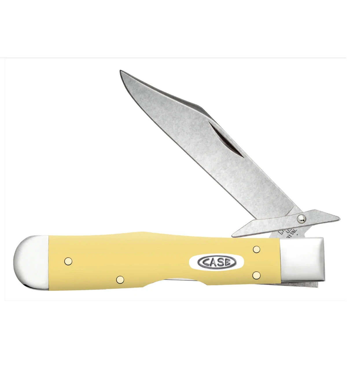 A Case Cheetah® Cub 81086 folding knife shown open. The 2.73-inch Tru-Sharp™ Surgical Stainless clip blade is deployed with a bowl finish — a warm, low-glare surface treatment between mirror polish and satin; the Swing Guard is visible at the base of the blade. The smooth yellow synthetic handle scales are bright, high-visibility yellow with a clean, consistent surface; the Case Oval Shield is inlaid on the handle. Closed length 3.5 inches, weight 1.9 oz. Made in Bradford, PA, USA. 2026 Case XX Vault limited return.