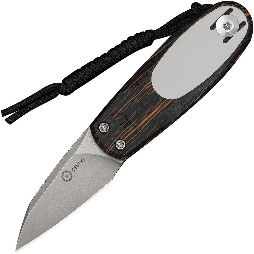The CIVIVI Purr (C25054-5) shown with its 1.83-inch Nitro-V stonewashed reverse tanto blade, tri-color orange, black, and white G10 handle scales, and its tip-up ambidextrous pocket clip with black paracord lanyard attached. Designer Ostap Hel built the profile around his cat Bombur — the two pivot screws sit like eyes, the closed front and top flippers form the ears, and the wire clip becomes the tail.