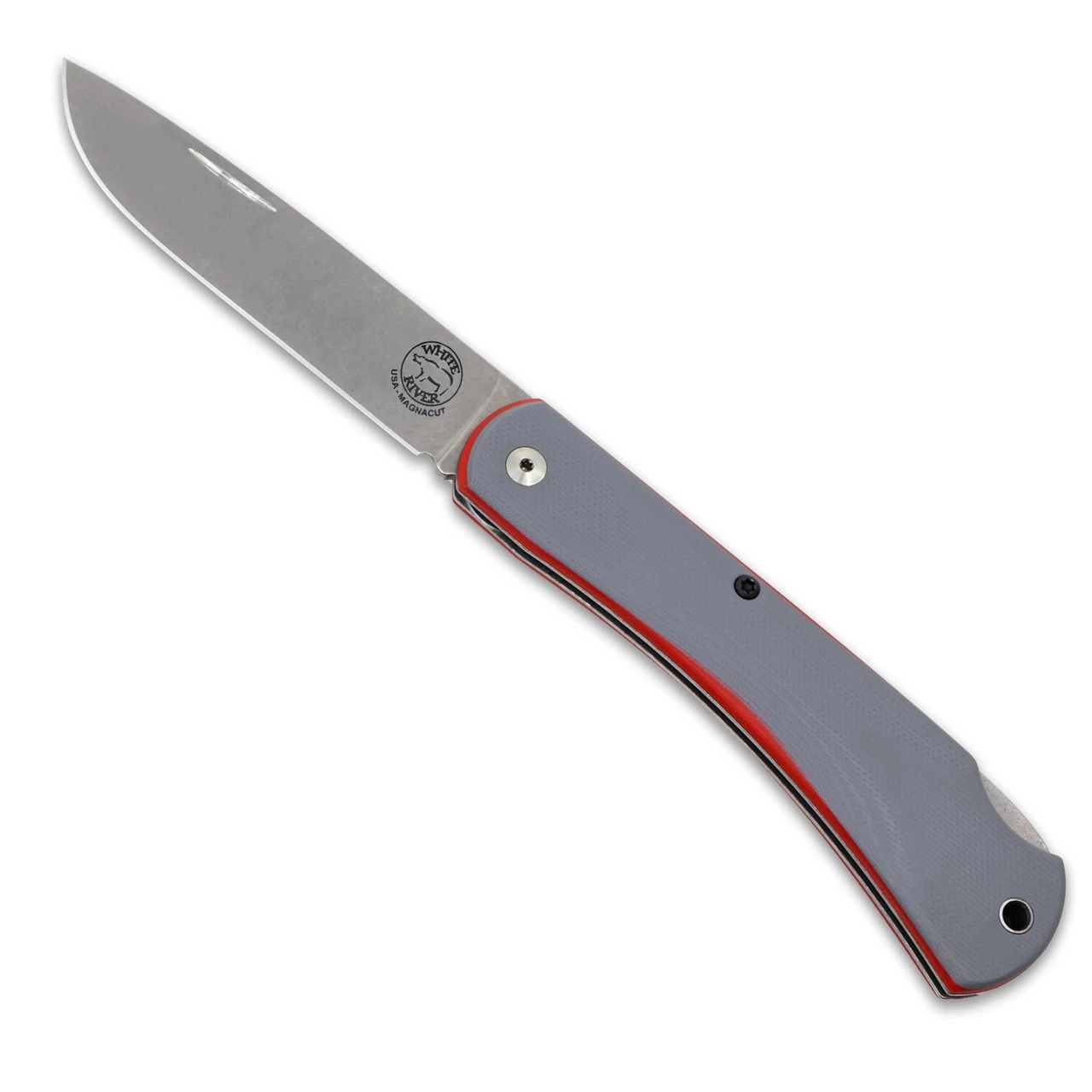 The White River Mudbug (WRSS-MUD-GGR) shown with its 3.5-inch CPM MagnaCut sodbuster-inspired blade and Gray G-10 handle scales with a red liner, designed by Smith & Sons and made in the USA. The lockback mechanism is visible along the spine of this classic, precision-built EDC folder.