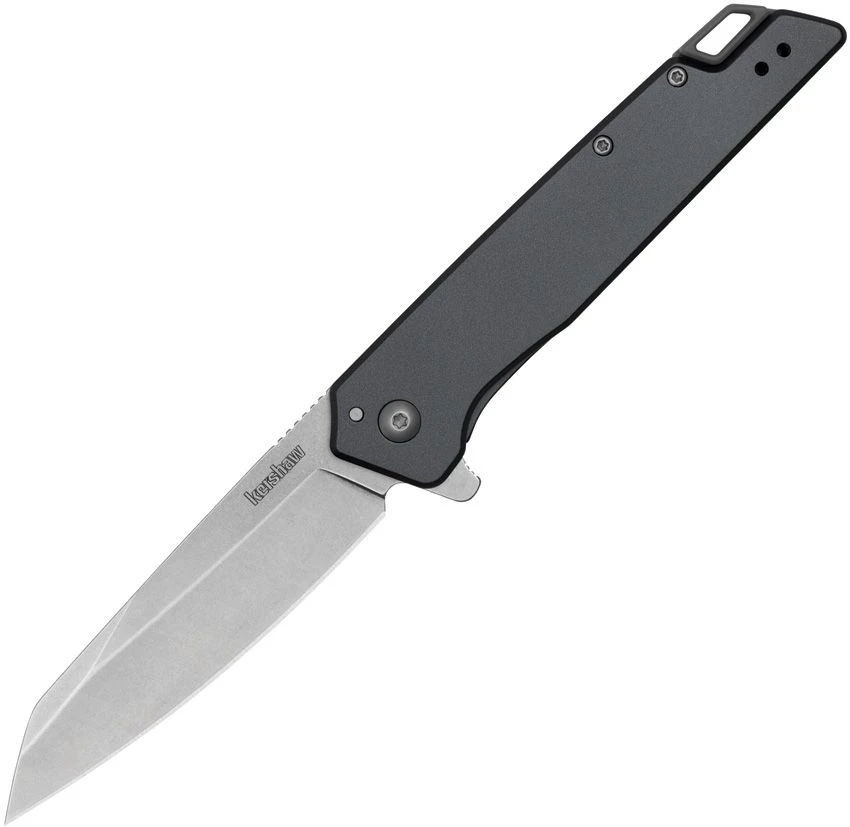 The Kershaw Misdirect XL (1441) shown with its 3.37-inch 4Cr14 reverse tanto blade in a stonewashed finish, gray-painted stainless steel handle, and its reversible deep-carry pocket clip. The assisted opening flipper and frame lock with over-travel stop are visible along the spine of this larger EDC folder.