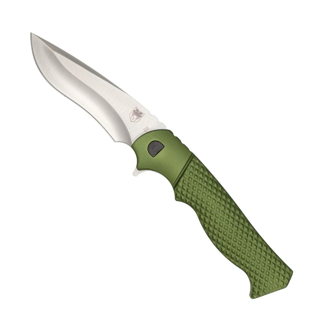 The CobraTec Vandal (CTVDLODG) shown with its 3.6125-inch D2 kukri blade in a satin finish, showing the large choil and deep spine jimping, OD Green aluminum alloy handle, and its sturdy pocket clip. The discreet tang lanyard hole and liner lock are visible on this Walter Brend–designed spring-assisted folder.