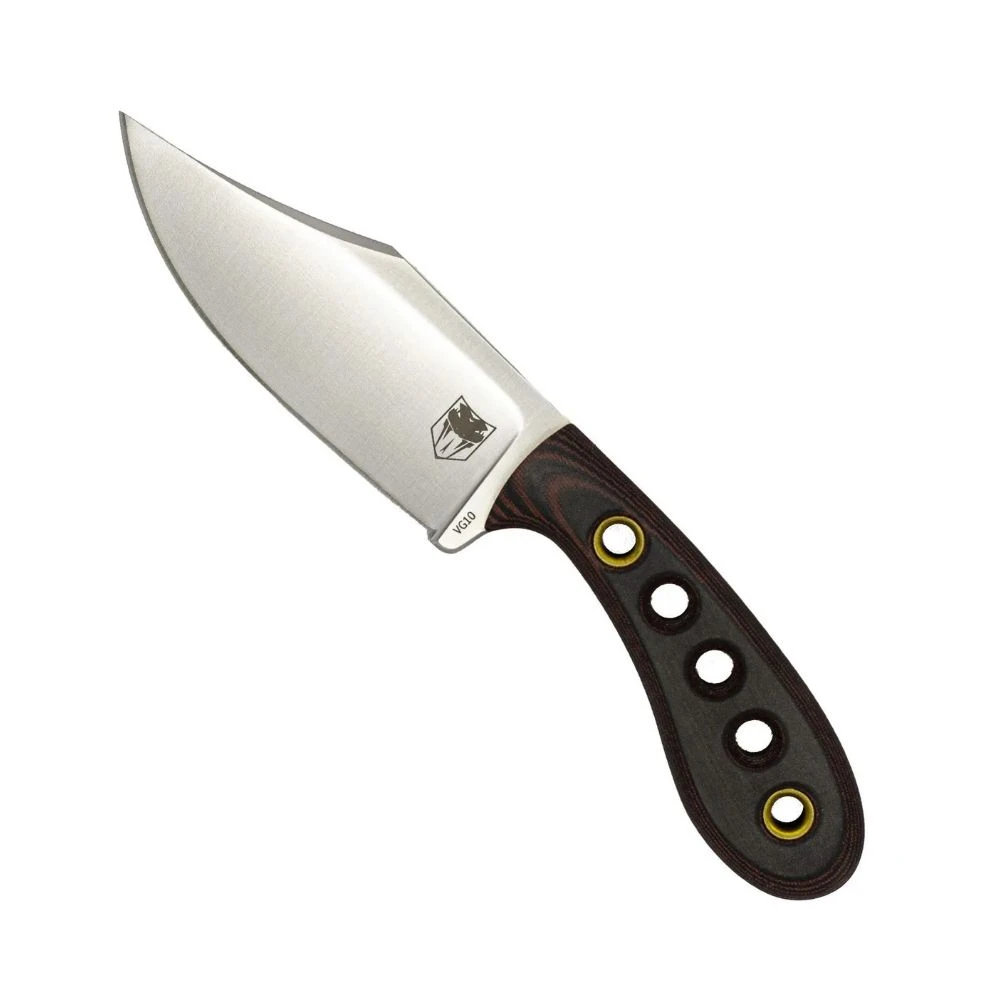 The CobraTec Pocket Bowie (CTPBWMC) shown with its 3.25-inch VG10 clip point blade in a satin finish with a false swedge, multi-layered Micarta three-finger handle, and its premium deep-carry leather sheath.