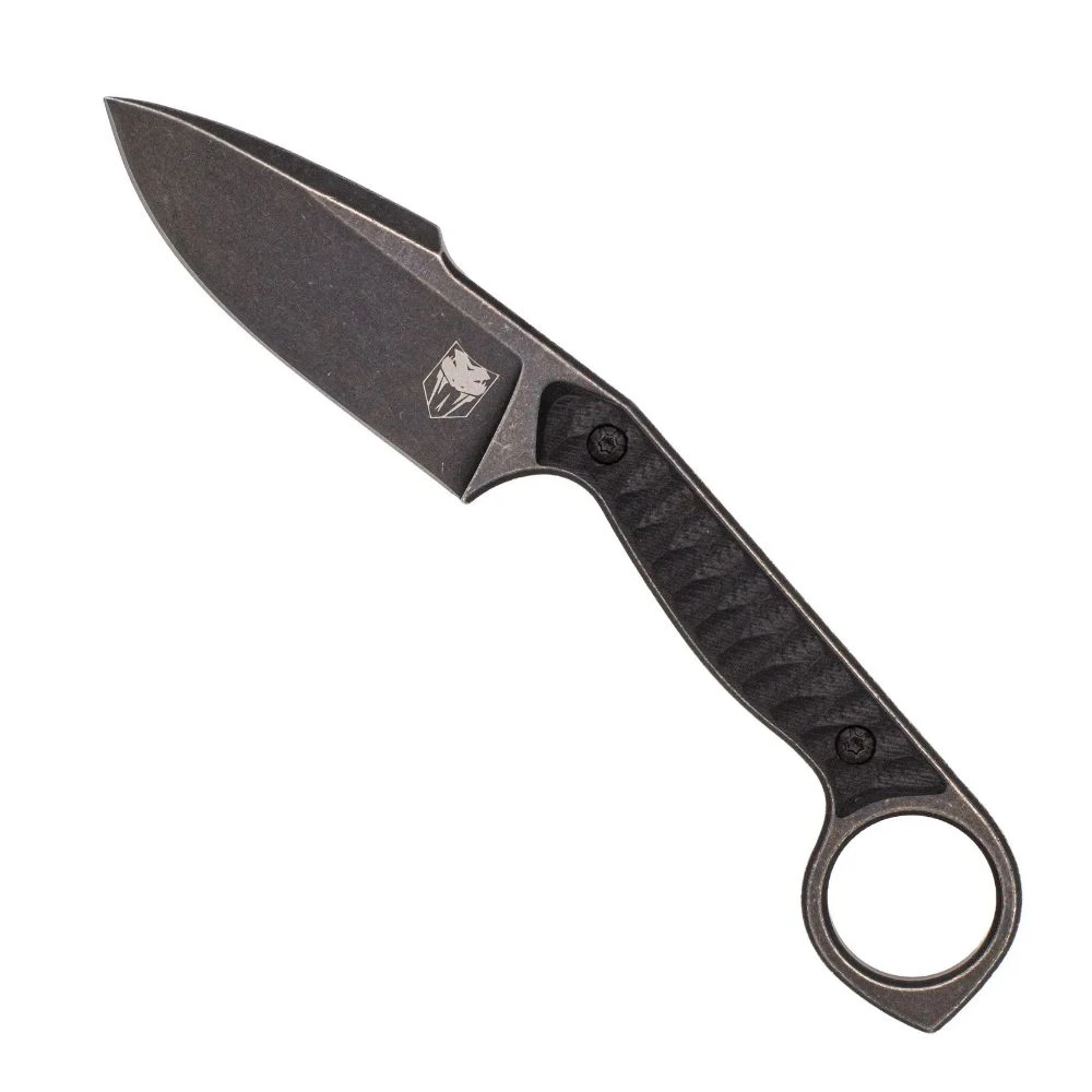 The CobraTec Wolfteeth Harpoon shown with its 3.0-inch 14C28N Harpoon-profile blade in an acid stonewash finish, fully removable black G10 handle scales with the ring grip, rounded breaking pommel, and its fitted Kydex sheath with scout belt loop.